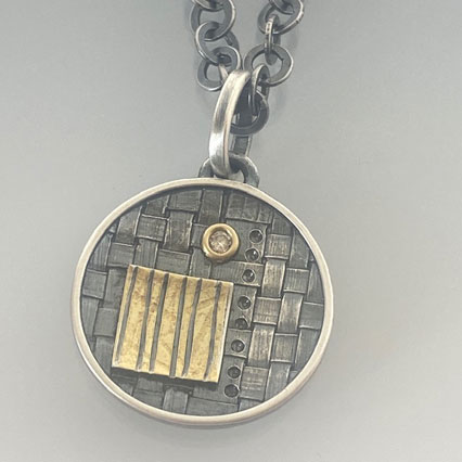 Round Woven Pendant with stripes gold square and Diamond